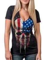 Skull Print T-Shirt Causal Women Short Sleeve V-Neck Punk Style Tee Tops Clothing - Image 2