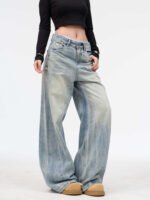 Retro Washed Ripped Jeans Baggy Straight Trousers - Image 4