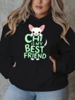 Plus Size Casual Hooded Sweatshirt With Chihuahua Print - Pullover With Slight Stretch For Fall Winter Women's Oversized Long Sleeve Top With Alphabet Pattern - Hoodie With Pockets