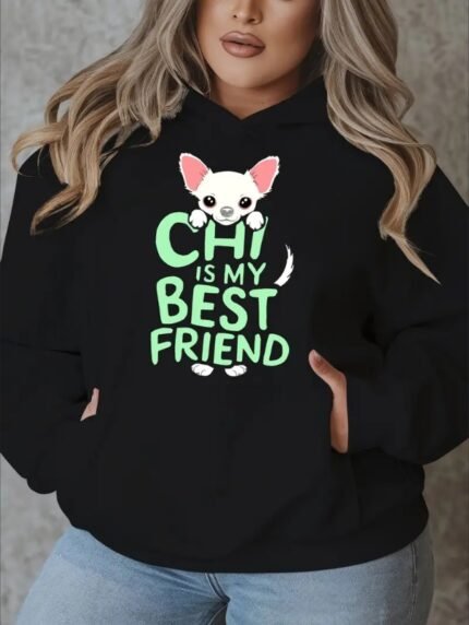 Plus Size Casual Hooded Sweatshirt With Chihuahua Print - Pullover With Slight Stretch For Fall Winter Women's Oversized Long Sleeve Top With Alphabet Pattern - Hoodie With Pockets